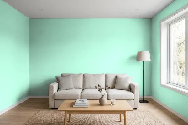 Living room with walls painted Benjamin Moore Bahama Waters 576 (simulated)
