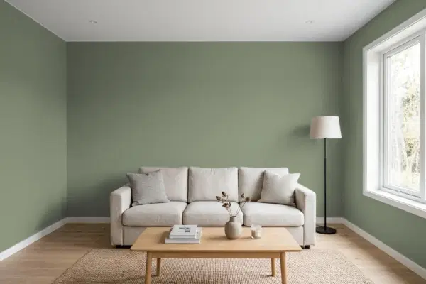 Living room with walls painted Behr Bahia Grass 430F-5 (simulated)