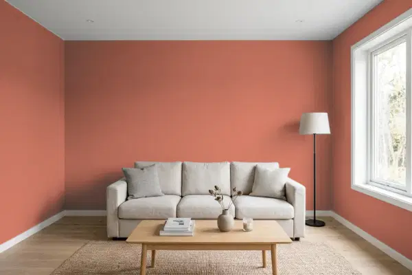 Living room with walls painted Benjamin Moore Baked Terra Cotta 1202 (simulated)