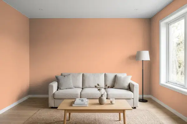 Living room with walls painted Benjamin Moore Baker's Dozen 1216 (simulated)