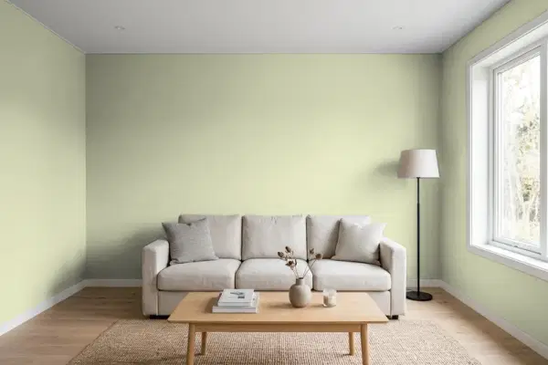 Living room with walls painted Behr Balance Green S360-3 (simulated)