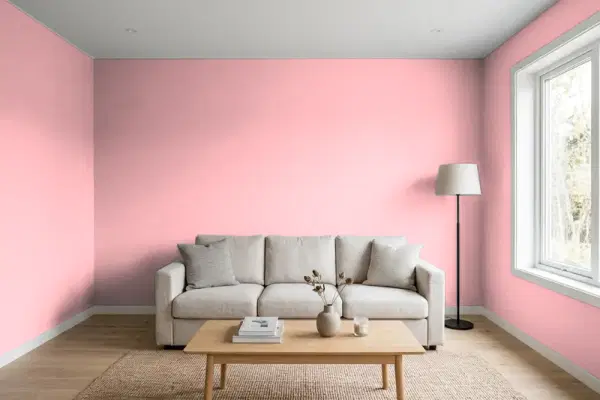 Living room with walls painted Behr Ballerina Pink 130A-3 (simulated)