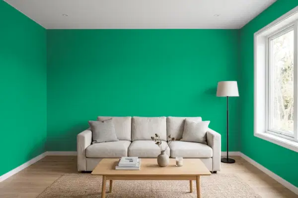 Living room with walls painted Behr Balsam MQ4-15 (simulated)