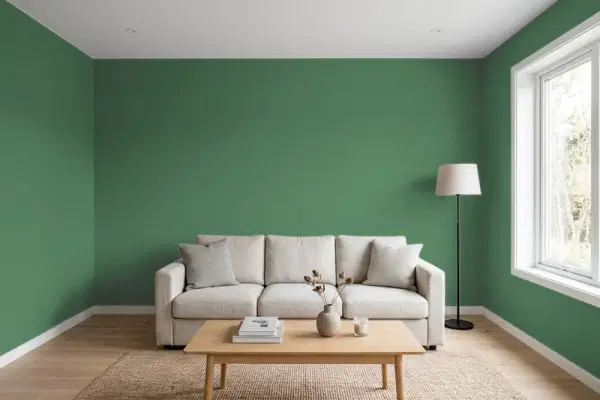 Living room with walls painted Benjamin Moore Balsam 567 (simulated)