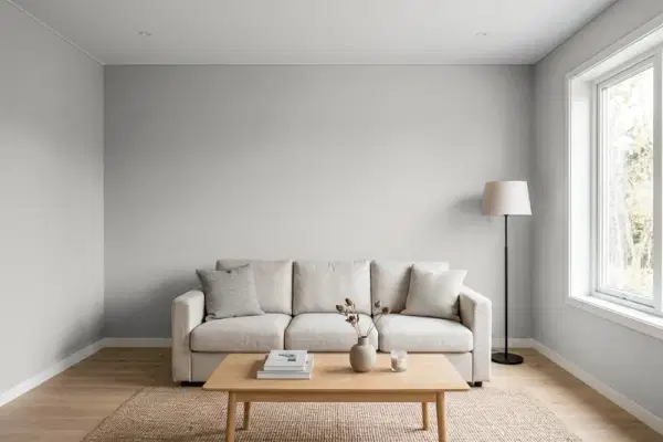 Living room with walls painted Benjamin Moore Baltic Gray 1467 (simulated)