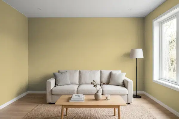 Living room with walls painted Sherwin-Williams Bamboo Shoot SW 7733 (simulated)