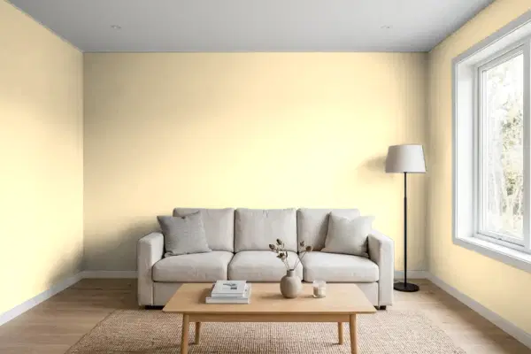 Living room with walls painted Behr Banana Cream 350C-2 (simulated)