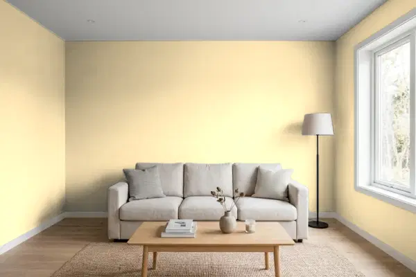 Living room with walls painted Sherwin-Williams Banana Cream SW 6673 (simulated)