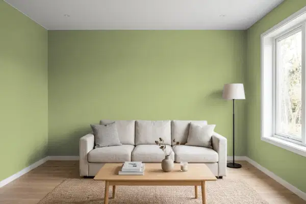 Living room with walls painted Benjamin Moore Barefoot in the Grass CSP-840 (simulated)