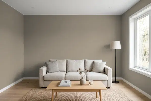 Living room with walls painted Benjamin Moore Barnboard CC-572 (simulated)