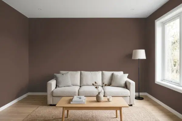 Living room with walls painted Behr Baronial Brown N170-7 (simulated)