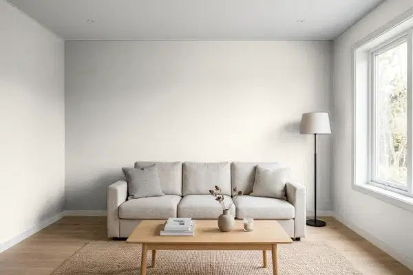 Living room with walls painted Benjamin Moore Barren Plain 2111-60 (simulated)