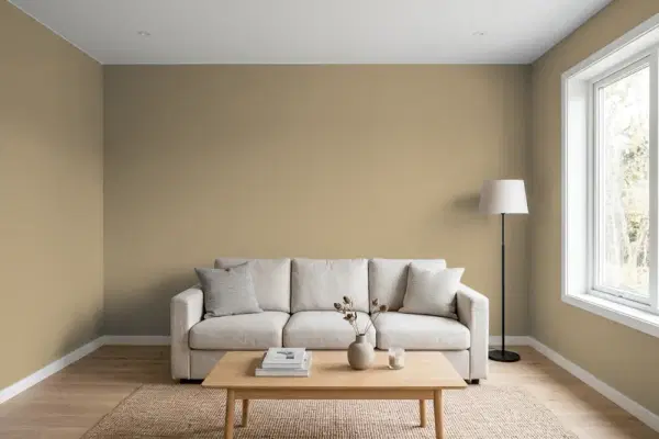 Living room with walls painted Sherwin-Williams Barro Verde SW 9123 (simulated)