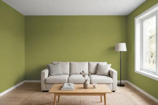 Living room with walls painted Behr Basil Chiffonade MQ6-61 (simulated)