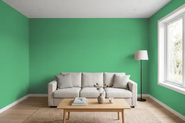 Living room with walls painted PPG Paints Basil Pesto 1226-6 (simulated)