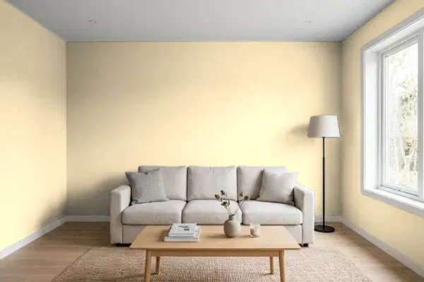 Living room with walls painted Behr Bavarian Cream 340E-3 (simulated)