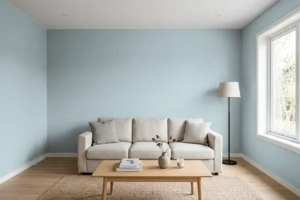 Living room with walls painted Behr Bay View ECC-22-2 (simulated)