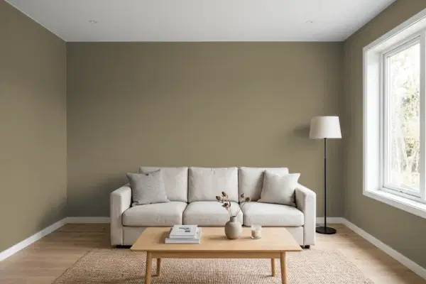 Living room with walls painted Benjamin Moore Bayleaf 1533 (simulated)