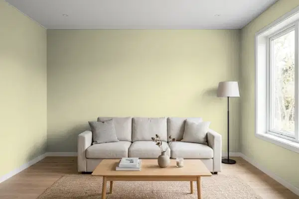 Living room with walls painted Valspar Bayou Shade 6006-3C (simulated)