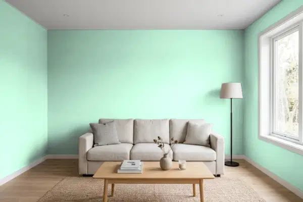 Living room with walls painted Valspar Beach Blanket 6002-9B (simulated)