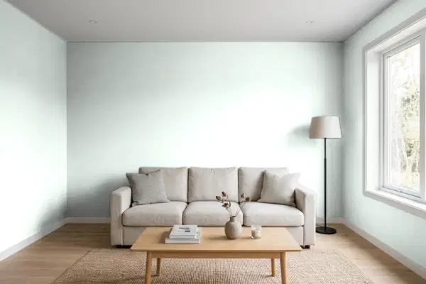 Living room with walls painted Behr Beach Glass ICC-37 (simulated)