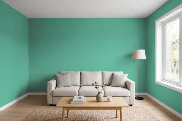 Living room with walls painted Valspar Beach Grass 5008-8B (simulated)