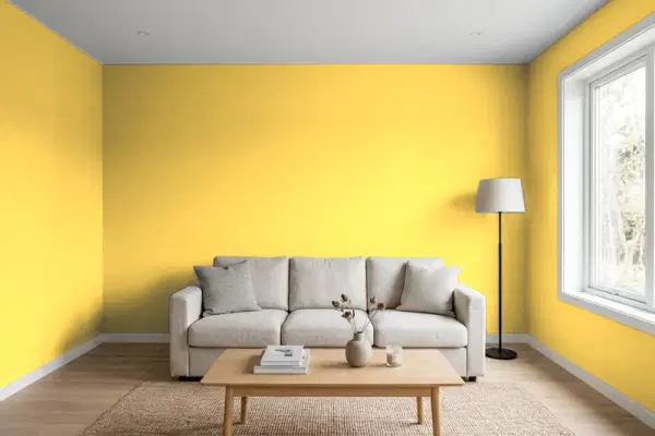 Living room with walls painted PPG Paints Beach Party 1211-6 (simulated)
