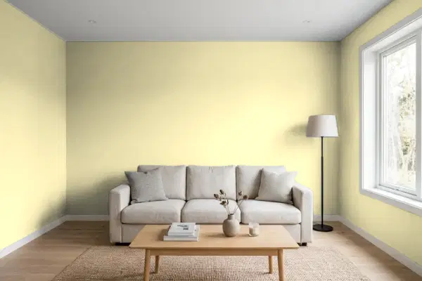 Living room with walls painted Benjamin Moore Beacon Hill Damask HC-2 (simulated)