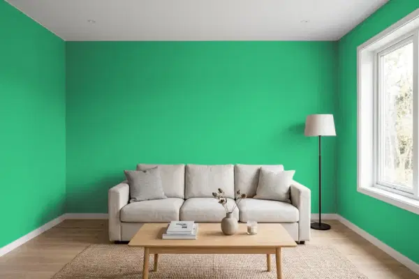 Living room with walls painted PPG Paints Beanstalk 1227-6 (simulated)