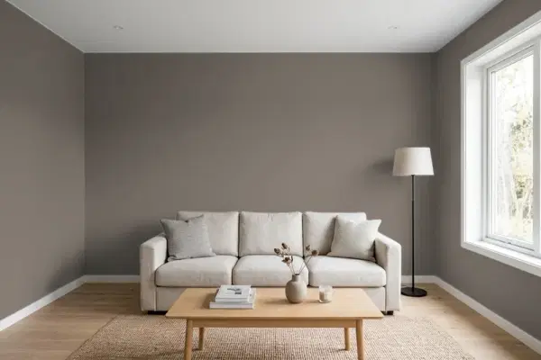 Living room with walls painted Benjamin Moore Bear Creek 1470 (simulated)
