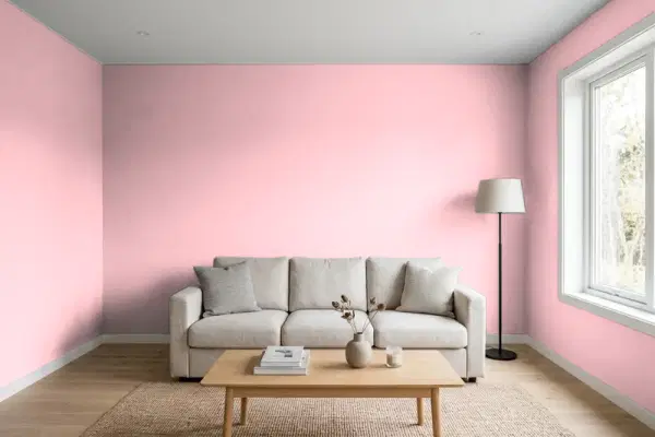 Living room with walls painted Benjamin Moore Bed of Roses 1318 (simulated)