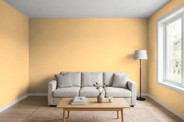 Living room with walls painted Sherwin-Williams Bee's Wax SW 7682 (simulated)