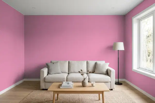 Living room with walls painted Benjamin Moore Begonia 2083-40 (simulated)