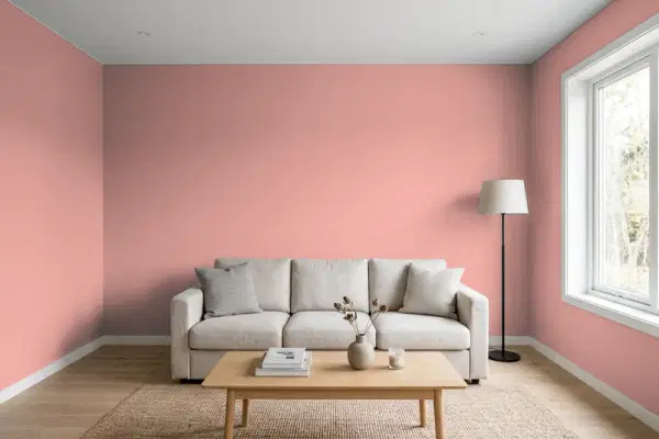 Living room with walls painted Benjamin Moore Belladonna Lily 2093-40 (simulated)