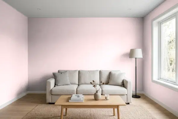 Living room with walls painted Behr Beloved Pink S130-1 (simulated)
