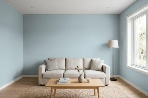Living room with walls painted Benjamin Moore Beneath the Clouds 2131-50 (simulated)