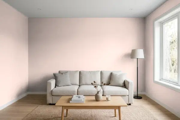 Living room with walls painted Benjamin Moore Bermuda Sands 2100-60 (simulated)