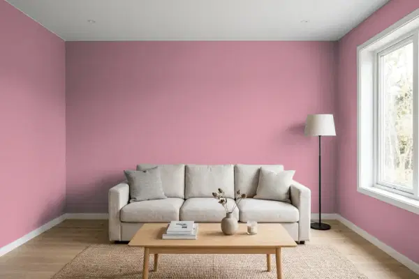 Living room with walls painted Behr Berry Blush BIC-19 (simulated)