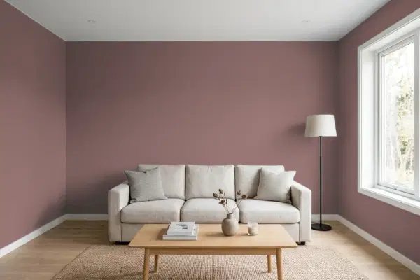 Living room with walls painted Valspar Berry Brandy 1005-9B (simulated)