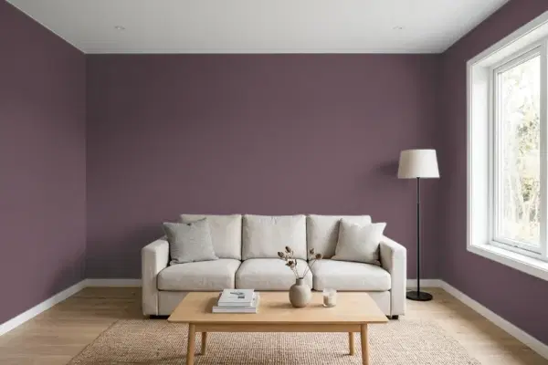 Living room with walls painted Behr Berry Wine UL100-23 (simulated)