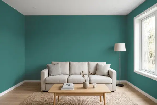 Living room with walls painted Behr Beta Fish M450-7 (simulated)