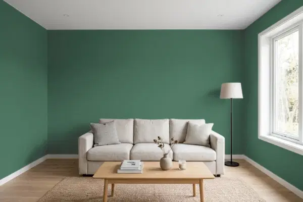 Living room with walls painted Behr Billiard Green M420-7 (simulated)