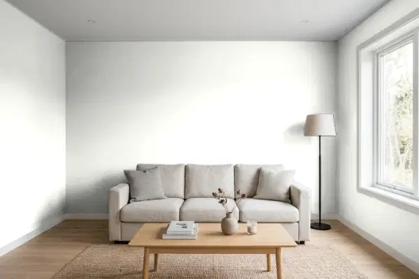Living room with walls painted Behr Billowy Down 780E-1 (simulated)