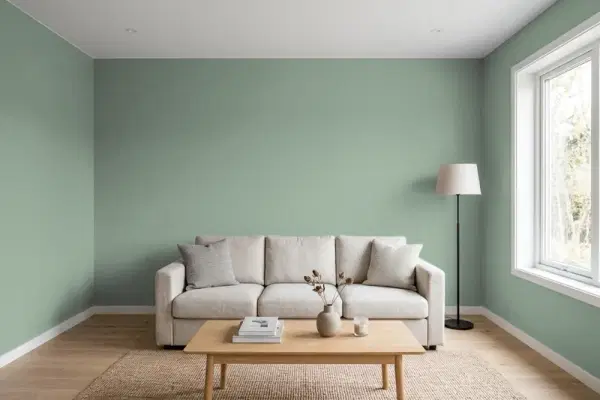 Living room with walls painted PPG Paints Birch Forest 1134-5 (simulated)