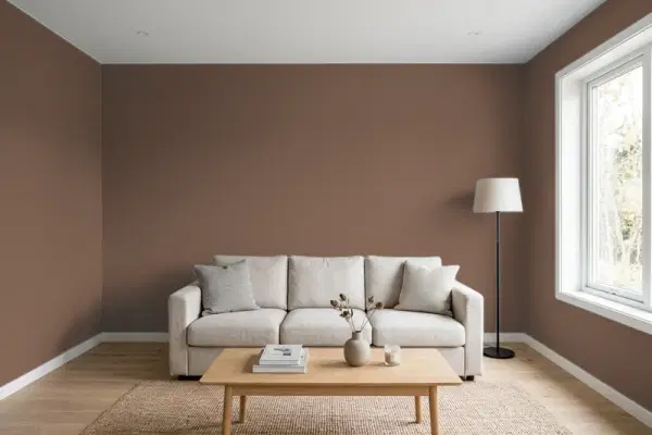 Living room with walls painted Sherwin-Williams Bison SW 1084 (simulated)