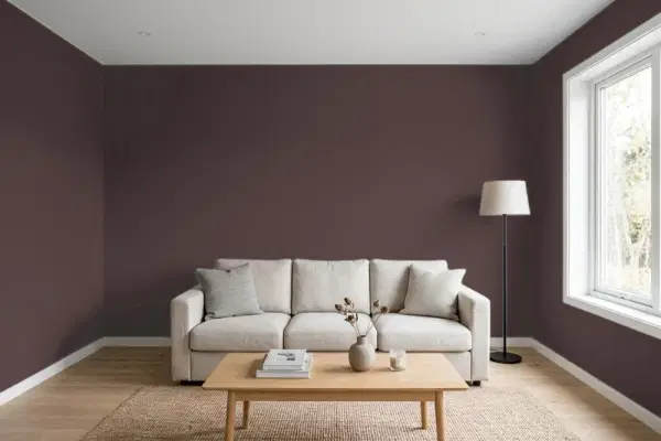 Living room with walls painted Sherwin-Williams Bitter Chocolate SW 6013 (simulated)