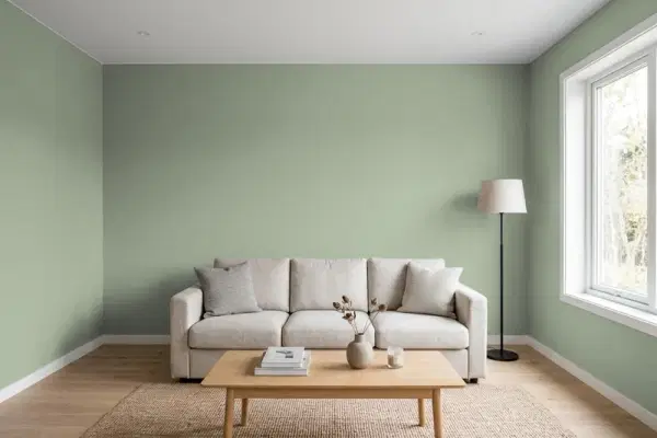 Living room with walls painted Behr Bitter Sage N390-4 (simulated)