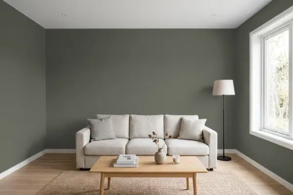 Living room with walls painted Behr Black Bamboo N380-7 (simulated)