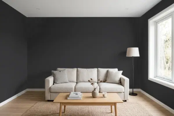 Living room with walls painted Benjamin Moore Black HC-190 (simulated)