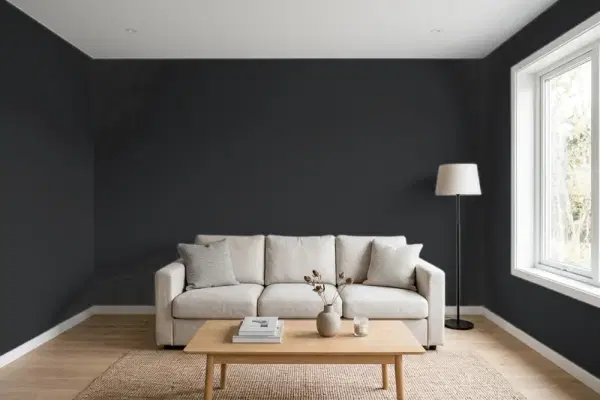 Living room with walls painted Benjamin Moore Black PM-9 (simulated)